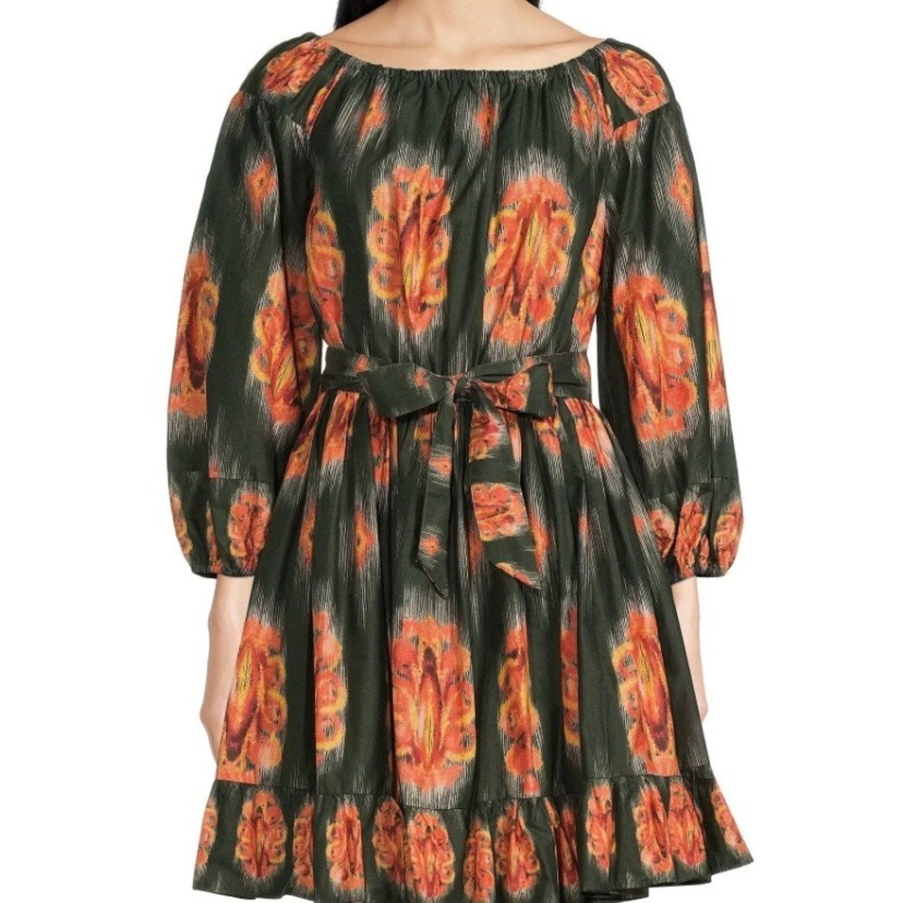 a loves a poplin 3/4 sleeve‎ jewel neckline belted ruffle hem a-line mini dress.